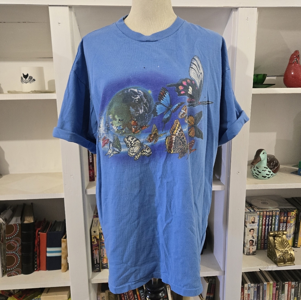 Vtg Wild Cotton Butterflies Moon World Crewneck T-shirt Size XL Sertoma